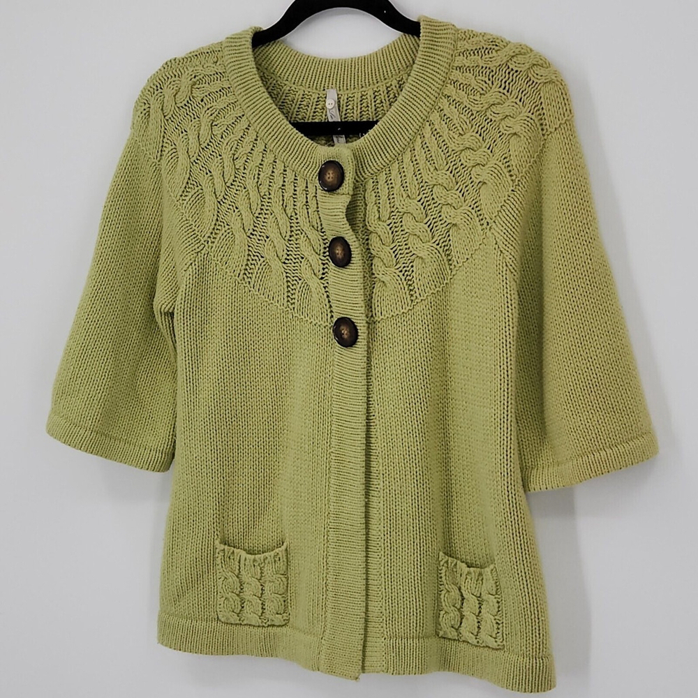 Women's Green Cardigan Cable Knit Buttons Pockets Casual Cottagecore Boho Large - Picture 2 of 14